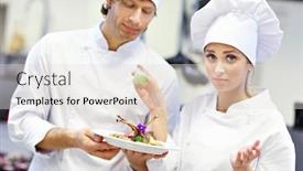  Presentation with busy work - PPT theme enhanced with picture showing busy chefs at work in the restaurant kitchen background and a light gray colored foreground