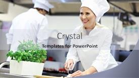  Presentation with busy work - Amazing theme having picture showing busy chefs at work in the restaurant kitchen backdrop and a sky blue colored foreground