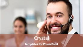  Presentation with call center - Beautiful PPT theme featuring picture showing happy man in call center backdrop and a red colored foreground