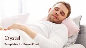  Presentation with sleepy yawning man driving car - Presentation design consisting of picture showing young man sleeping in bed background and a sky blue colored foreground