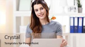  Presentation with home office - Audience pleasing slides consisting of picture showing young woman working backdrop and a coral colored foreground