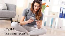  Presentation with home office - Theme featuring picture showing young woman working background and a soft green colored foreground