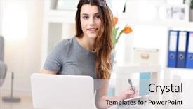  Presentation with weight loss woman showing - Slides having picture showing young woman working background and a light gray colored foreground