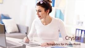  Presentation with weight loss woman showing - Slides having picture showing young woman working background and a  colored foreground