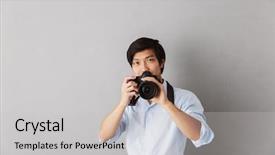  Presentation with asian nurse helps a man - PPT theme having picture with photo camera background and a light gray colored foreground