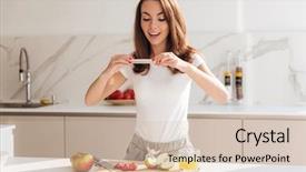 Presentation with kitchen - Slide deck consisting of pictures food - happy smiling woman taking background and a soft green colored foreground
