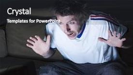  Presentation with sport - Presentation design consisting of pictures in a living room a funny and expresive man sitting on a couch watching on tv sport event background and a tawny brown colored foreground