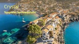  Presentation with island resort - Presentation with picturesque-assos-town-on-kefalonia background and a coral colored foreground