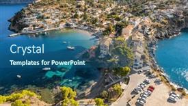  Presentation with island resort - PPT layouts consisting of picturesque-assos-town-on-kefalonia background and a ocean colored foreground