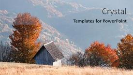  Presentation with meadow - Beautiful PPT theme featuring picturesque-autumn-meadow-with-wooden backdrop and a light blue colored foreground