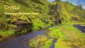  Presentation with green hills - Theme consisting of picturesque basalt hills covered with green grass and moss-polar at the bottom of the canyon flowing streams lot canyon pakgil in iceland background and a tawny brown colored foreground
