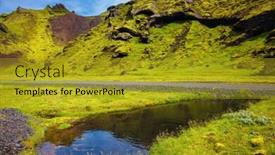  Presentation with green hills - Beautiful slide set featuring picturesque basalt hills overgrown green grass and moss on bottom of canyon many streams flow canyon pakgil in iceland backdrop and a gold colored foreground