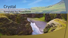  Presentation with water river - Slide deck having picturesque canyon fjadrargljufur rocks with yellowed grass and blue water of the river neverland iceland background and a light blue colored foreground