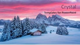  Presentation with log cabin - Theme with picturesque-landscape-with-small-wooden background and a coral colored foreground