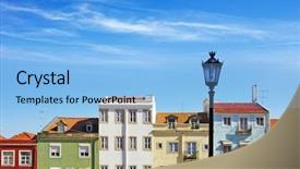  Presentation with neighborhood - Amazing presentation design having picturesque lisbon neighborhood with colorful block of houses under sunny blue sky backdrop and a light blue colored foreground
