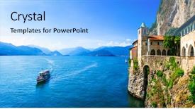  Presentation with beautiful mountains river lake sky nature - Colorful slide deck enhanced with picturesque monastery eremo di santa backdrop and a light blue colored foreground