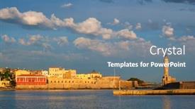  Presentation with crete island - Slide deck enhanced with picturesque-old-port-of-chania background and a gray colored foreground