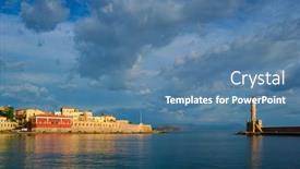  Presentation with crete island - Slide deck with picturesque-old-port-of-chania background and a teal colored foreground
