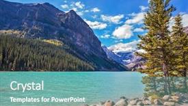  Presentation with forests - Audience pleasing theme consisting of picturesque promenade at lake louise the emerald waters of the lake surrounded by mountains glaciers and pine forests backdrop and a seafoam green colored foreground