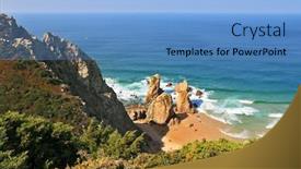  Presentation with lonely - Theme enhanced with picturesque rocks on a lonely beach of atlantic ocean coast of portugal cabo da roca - the most western point of europe background and a light blue colored foreground