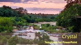  Presentation with africa tourism - Presentation theme having picturesque-steppe-rocky-stream-african background and a tawny brown colored foreground