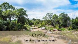  Presentation with africa tourism - Beautiful PPT theme featuring picturesque-steppe-rocky-stream-african backdrop and a coral colored foreground