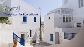  Presentation with greek - Slide deck enhanced with picturesque street in a greek island background and a sky blue colored foreground