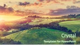  Presentation with green hills - PPT theme featuring picturesque sunset over green hills background and a ocean colored foreground