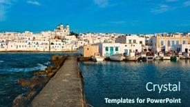  Presentation with orthodox - Presentation enhanced with picturesque-view-of-naousa-town background and a ocean colored foreground