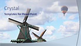  Presentation with windmills - Presentation theme having picturesque windmills flying colorful balloon and the old village houses with red roofs background and a sky blue colored foreground