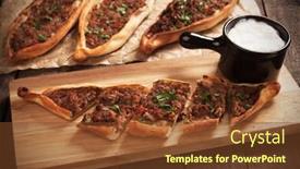  Presentation with street food - Presentation theme consisting of pide turkish meat and pastry street food similar to pizza background and a tawny brown colored foreground