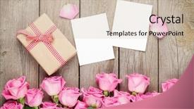 Presentation with pink roses - Beautiful presentation featuring pink roses over wooden table backdrop and a soft green colored foreground