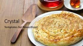  Presentation with cheese pie - Presentation design featuring pie - homemade rolled borek spinach background and a coral colored foreground