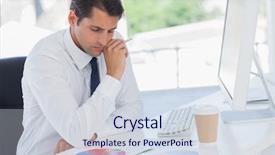  Presentation with office - Presentation theme with pie chart computer - concentrated businessman analyzing graphs background and a sky blue colored foreground