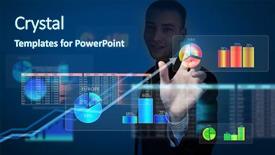  Presentation with evolution of media from prehistoric - PPT theme having pie chart computer - young businessman touching icon background and a ocean colored foreground