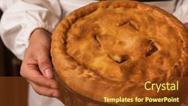  Presentation with cheese pie - PPT theme consisting of pie from potato meat cheese and vegetables freshly baked pie in hands of woman in uniform background and a tawny brown colored foreground