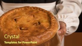  Presentation with cheese pie - Amazing PPT layouts having pie from potato meat cheese and vegetables freshly baked pie in hands of woman in uniform backdrop and a tawny brown colored foreground