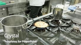  Presentation with restaurant kitchen - Slide set having pie in pan on stove background and a gray colored foreground