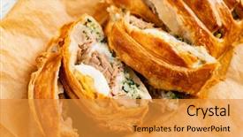  Presentation with egg pie - Amazing PPT theme having pie italian stromboli with egg backdrop and a gold colored foreground