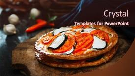  Presentation with olive oil - Beautiful theme featuring pie-tomato-zucchini-mozzarella-pesto backdrop and a wine colored foreground