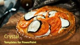  Presentation with olive oil - Colorful slide deck enhanced with pie-tomato-zucchini-mozzarella-pesto backdrop and a tawny brown colored foreground