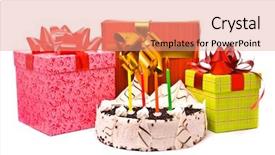  Presentation with white candles - PPT layouts featuring pie with four candles and gifts in boxes on a white background background and a coral colored foreground