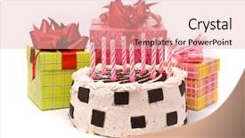  Presentation with white candles - Cool new presentation with pie with nine candles and gifts in boxes on a white background backdrop and a lemonade colored foreground