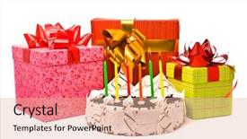  Presentation with white candles - Presentation theme enhanced with pie with six candles and gifts in boxes on a white background background and a lemonade colored foreground