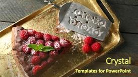  Presentation with chocolate - PPT layouts with piece of cake with chocolate glaze and raspberries on tray on wooden background background and a tawny brown colored foreground