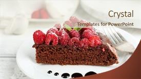 Presentation with chocolate - Beautiful slide set featuring piece of cake with chocolate glaze and raspberries on color wooden background backdrop and a sky blue colored foreground