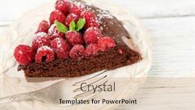  Presentation with cake - PPT theme with piece of cake with chocolate glaze and raspberries on color wooden background background and a coral colored foreground