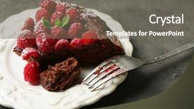  Presentation with cake - Presentation design consisting of piece of cake with chocolate glaze and raspberries on plate on dark background background and a gray colored foreground