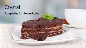  Presentation with tea cake - Slides featuring piece of chocolate cake on plate on lace napkin and cup of tea on wooden table on natural background background and a light gray colored foreground