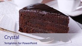  Presentation with white plate - Beautiful slide set featuring golden triangle - piece of chocolate cake backdrop and a sky blue colored foreground